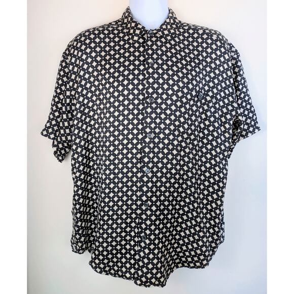 Roundtree Yorke Silk Shirt Large Black Ivory Geometric Button Front Casual - Picture 2 of 11